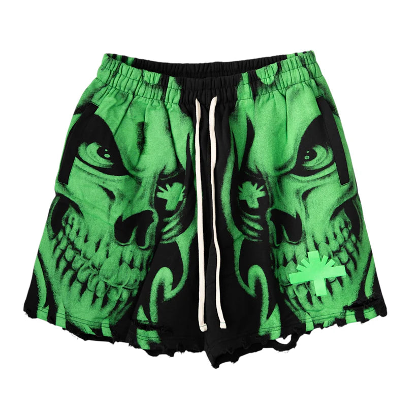Vertabrae Skull Print Sweatshorts Green Black