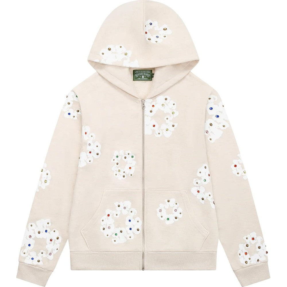 Denim Tear Rhinestone Hoodie "Cream "