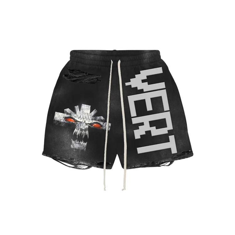 vertabare Vonster Cross Distressed Shorts Black