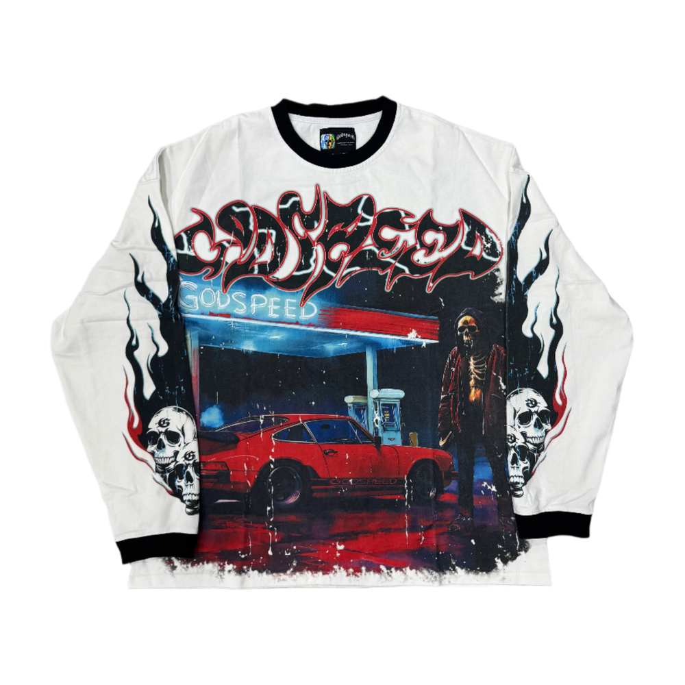 Godspeed racecar gas station white long sleeve