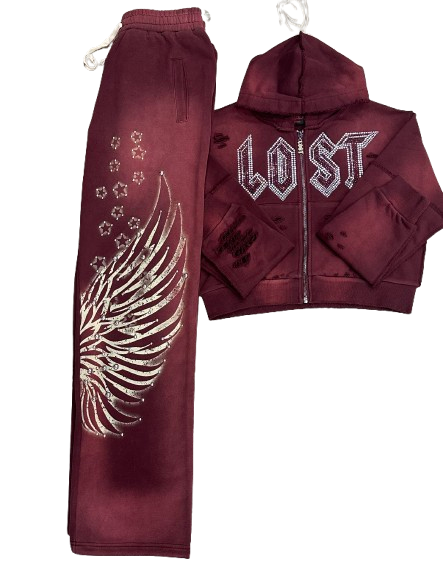 LOST INTRICACY Rhinestone Sweatsuit Set Burgundy (women)